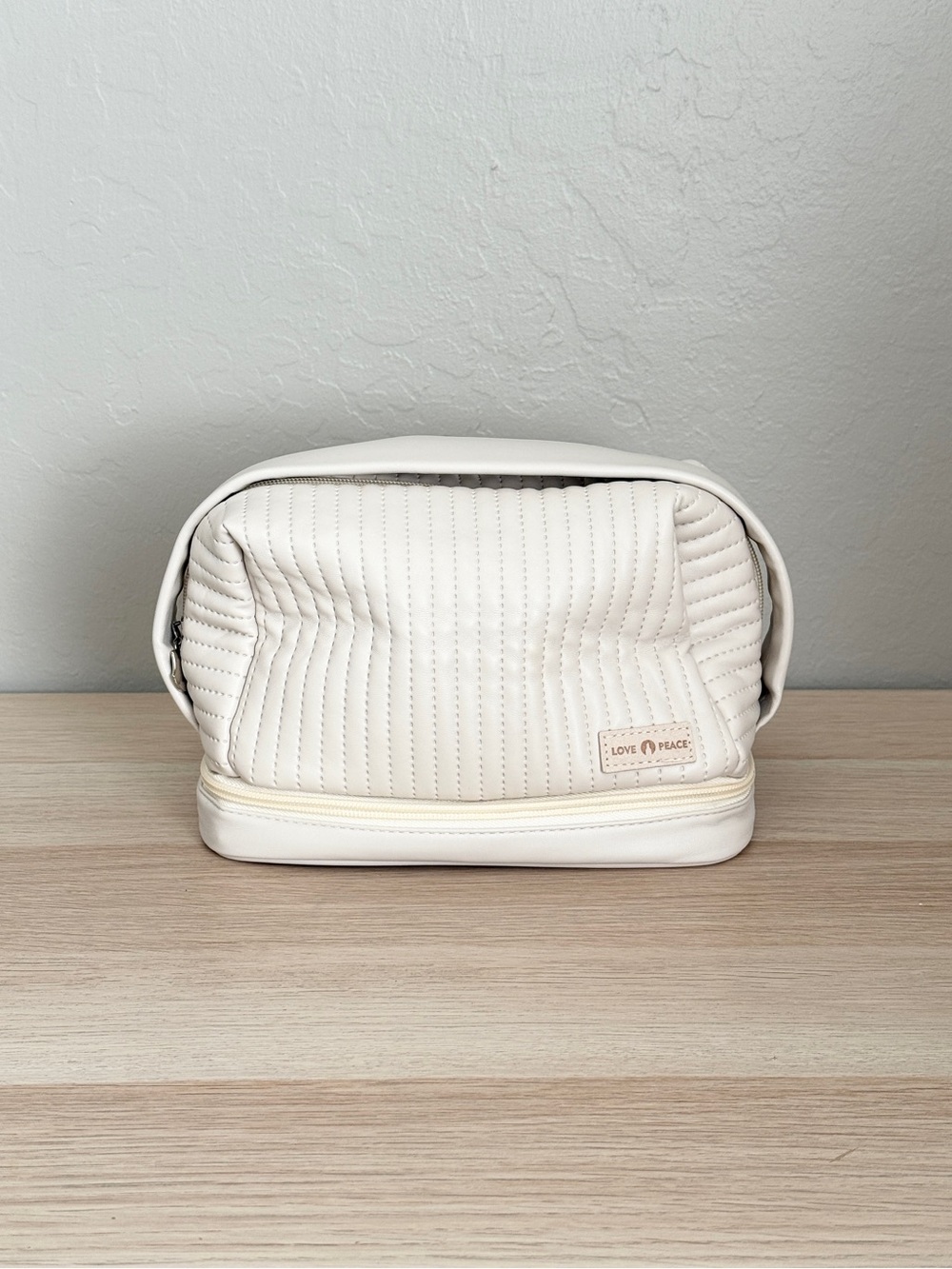 Love & Peace Quilted White Cosmetic Bag